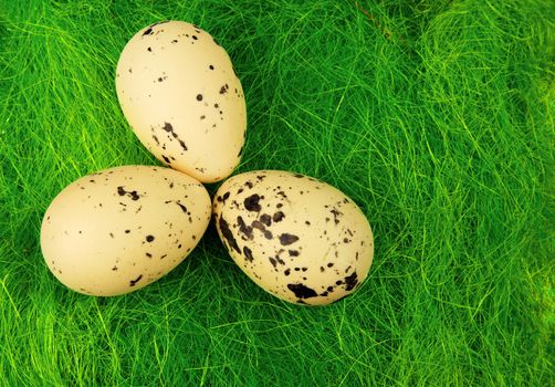 Three large white , speckled in black eggs on green grass,easter decoration. Close , horizontal view.