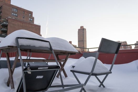Snow covered terrace in the Upper East Side of NYC after the winter storm Jonas in January 2016