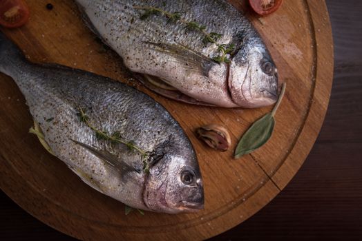 Fresh uncooked dorado with lemon, herbs, oil and spices ready for preparing