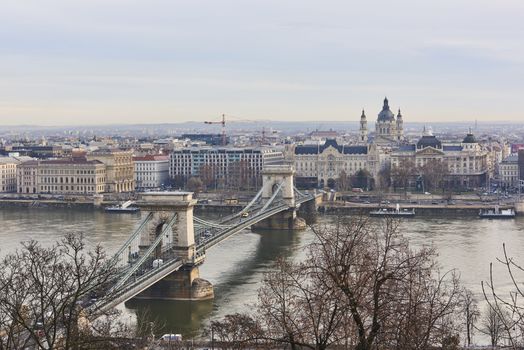 High angle shot of Szechenyi Chain Bridge accross Danube River. February 02, 2016 in Budapest, Hungary.