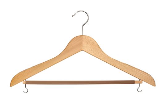 Wooden coat hanger cutout isolated on white with clipping path