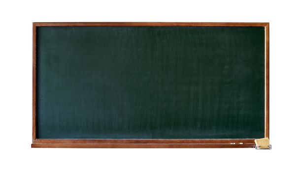 Green blank blackboard with wooden frame, chalktray and eraser isolated on white background