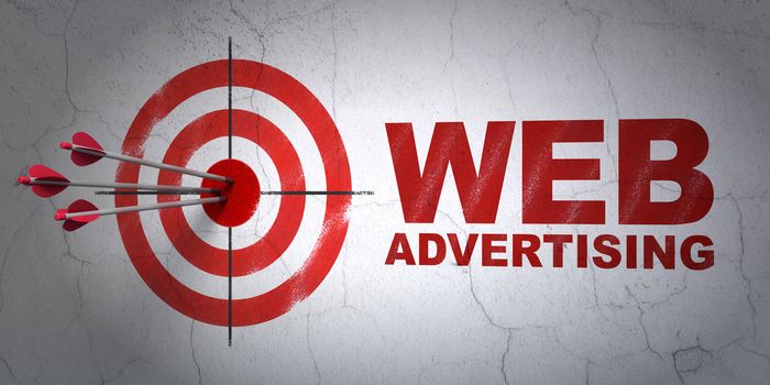 Success marketing concept: arrows hitting the center of target, Red WEB Advertising on wall background