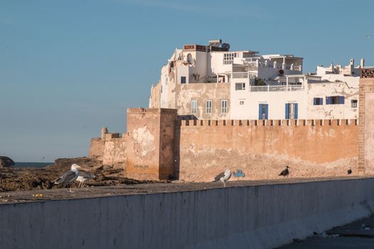 City on the rocks on the banks of Atlantic ocean. Old houses and medieval fortress. Blue sky.