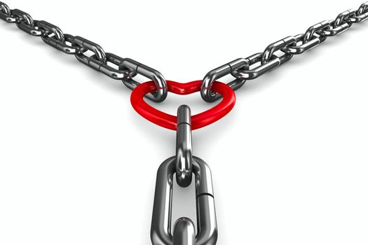 Chain and red heart on white background. Isolated 3D image