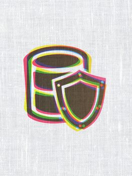 Programming concept: CMYK Database With Shield on linen fabric texture background