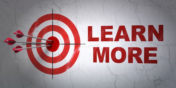 Success Learning concept: arrows hitting the center of target, Red Learn More on wall background