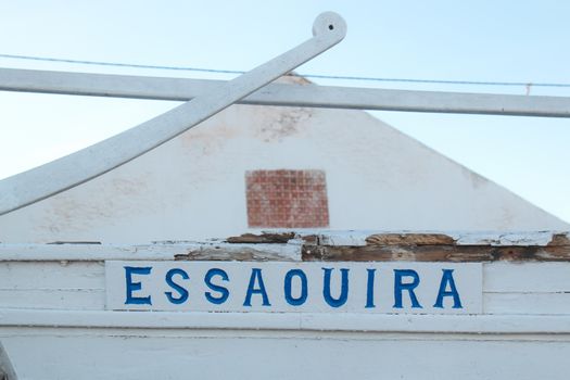 Abstract view on the name of the city Essaouira at the entrance to the port.