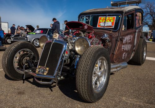 Redding, California, USA- February 13, 2016: A 1938 Morris Motors hot rod is on display and for sale at the Redding Drags in northern California.