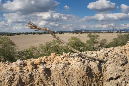 Soil, stones and a dry twig in a foreground. Factory in the background. Cloudy sky.