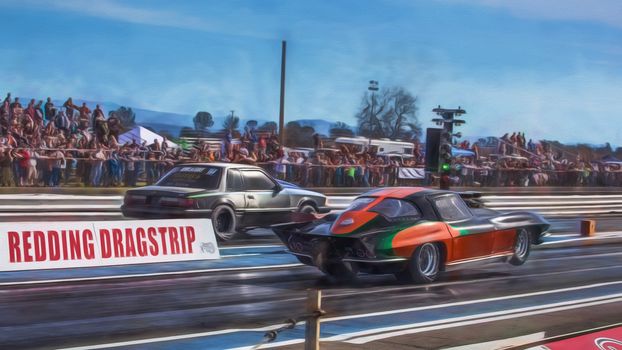 Redding, California: A modified Chevy Corvette gets a good start at a drag race.
Photo taken on: February 13th, 2016