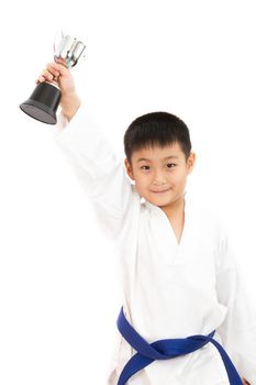 Asian Little Karate Boy Holding Cup in White Kimono on White Background