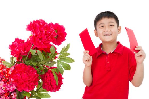 Asian Little Boy Holding a Red Envelope Isolated on White Background