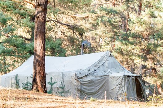 Green tent with tent camping, camping in the woods