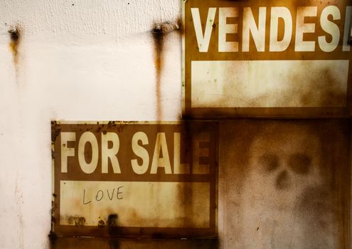 Scary detail of the For Sale offer with a scull and hand written word "love".