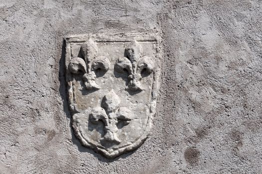 Concrete structured wall with a blazon. Rome, Italy.