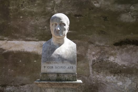 In the park  there are many statues - busts of important personalities. Scipio Africanus was one of the greatest generals of ancient Rome and of all time.