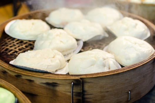 Steamed dumpling  on the traditional bamboo pan