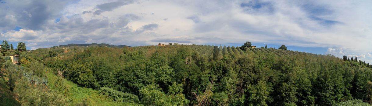 Panoramic view of the hills and forests of Vinci Village where Leonardo Da Vinci was borned in Italy, on cloudy sky background.
