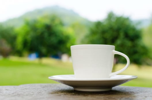 Cup of coffee on wooden table in garden