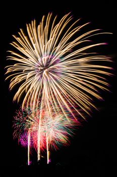 An image of exploding fireworks at night. Represents a celebration.