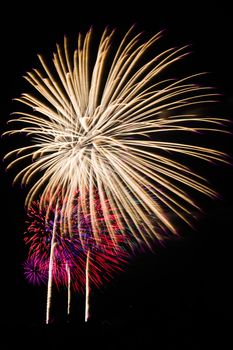 An image of exploding fireworks at night. Represents a celebration.