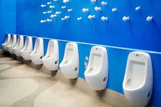 Row of auto flushing ceramic urinals on blue wall.