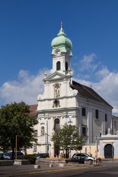 St. Elizabeth church in the city center of Bratislava, capital of Slovakia. Summer blue sky with white clouds.