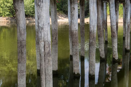 Detail of the construction of a wooden bridge across a small river. Green water, riverbanks in the background.