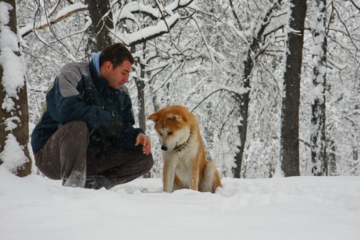 Akita Inu and its owner in public park during  blizzard