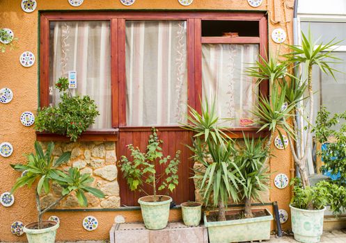 Window and many flower pots in old home in Malia (Crete, Greece) 