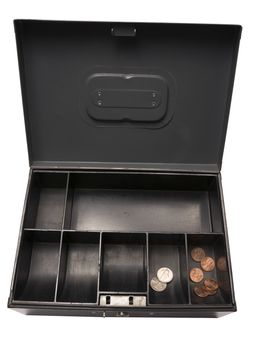 Old cash box containing just a few pennies and a couple of nickels.
