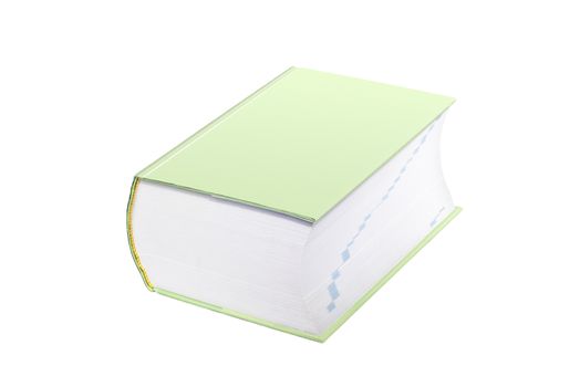 Large light green book laying on it's back on a white background.