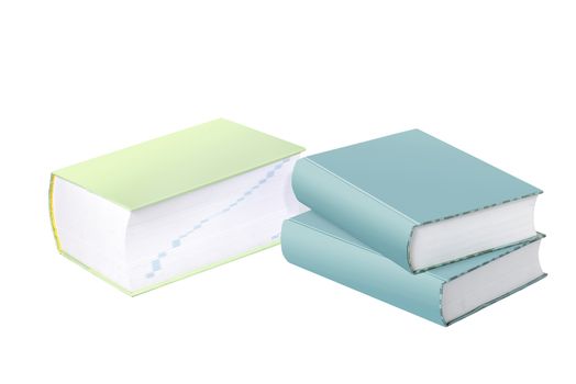 One light green book with two light blue books in front on a white background.