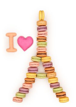 Macarons. I love Eiffel Tower french sweet colorful, pink heart. A lot of fresh  pastel delicious biscuit dessert. Isolated