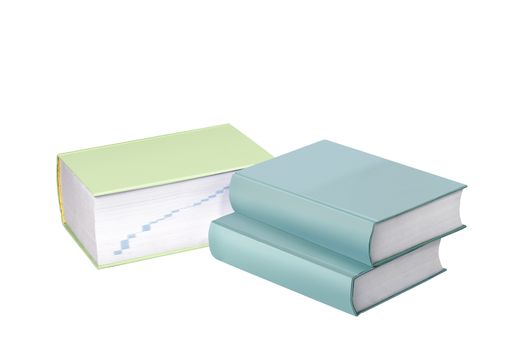 One large light green and two stacked light blue books on a white background.