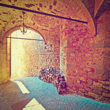 Vaulted Ceiling of the Old Street in a Italian  Medieval City, Instagram Effect