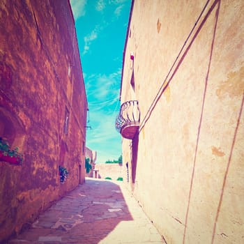 Narrow Street with Old Buildings in Italian City, Instagram Effect 
