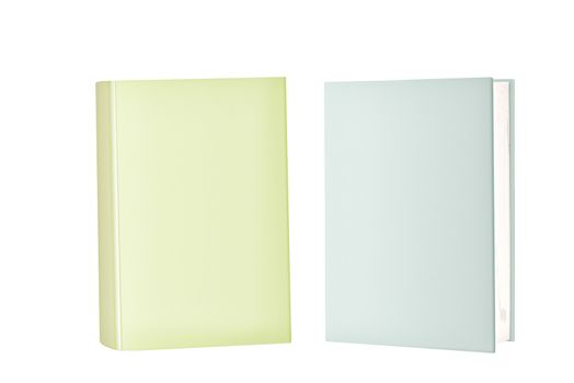 Two books standing on end on a white background.  One light green and one light blue.