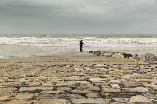 France Normandy Manche footbridge  facing  a dramatic ocean setting