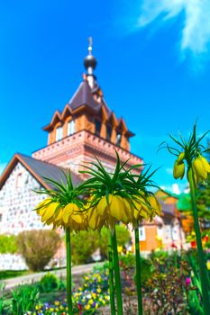 Spring blooming flowers against the background of the brick Orthodox Church