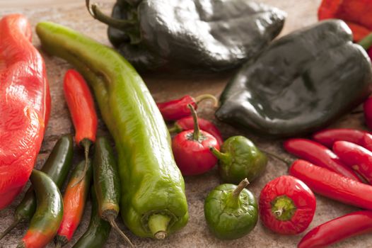Large assortment of hot chili peppers or capsicum with jalapeno, cayenne, red, green and black peppers arranged on a kitchen table