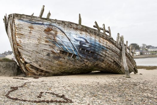 Werck wood boat on the beach, France Normandy Cotentin viking