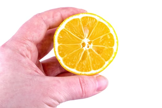 Hand with lemon isolated on a white background