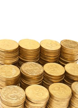 Stack of golden coins isolated on white