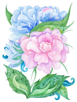Hand-painted botanical illustration with beautiful flowers and ornamental leaves