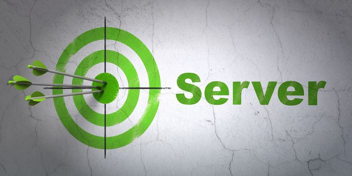 Success web design concept: arrows hitting the center of target, Green Server on wall background