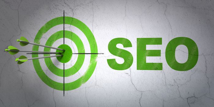 Success web development concept: arrows hitting the center of target, Green SEO on wall background