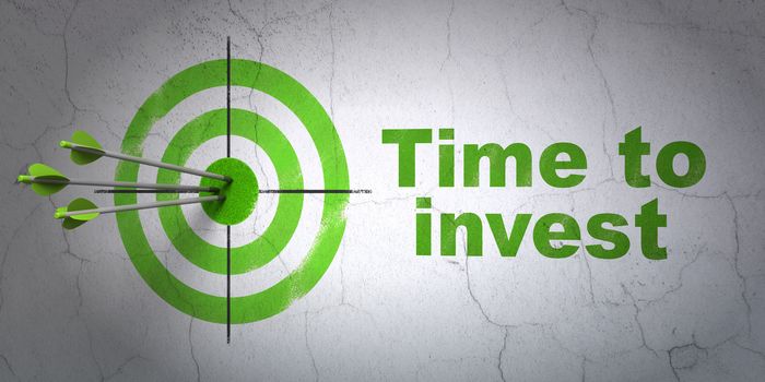 Success time concept: arrows hitting the center of target, Green Time To Invest on wall background