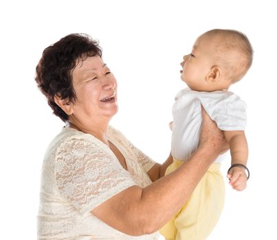 Asian grandmother and grandson portrait, isolated on white background.